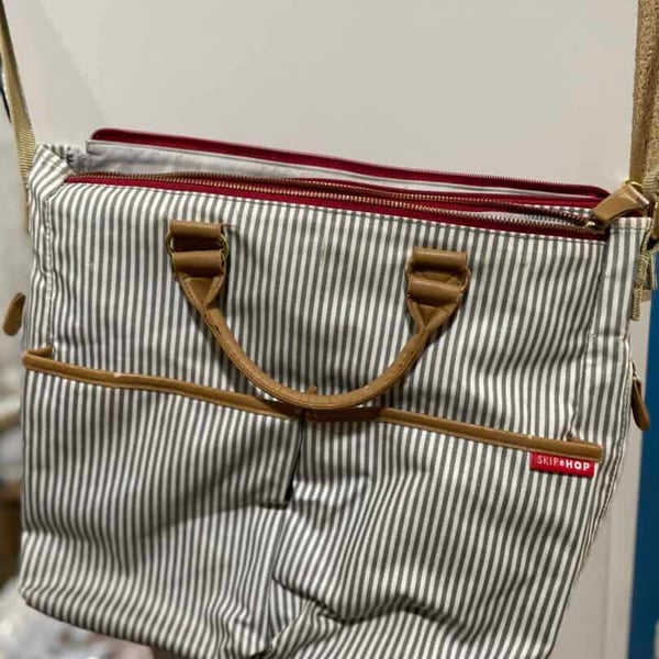 SKIP HOP Duo Diaper Bag Gray White Stripe Zipper Carry Handle Messenger Bag