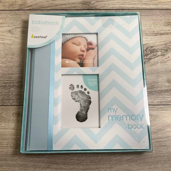 NEW - Pearhead Baby Memory Book, First 5 Years Baby Milestone Book, Pregnancy Journal, Gender Neutral Newborn Keepsake, With Clean-Touch Ink Pad For Baby's Handprint or Footprint, Blue Chevron
