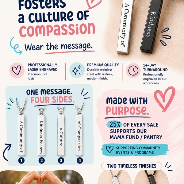Laser Engraved Jack & Juni Slogan Bar Necklace | Supports Mama Fund / Pantry & Community Events / Programs
