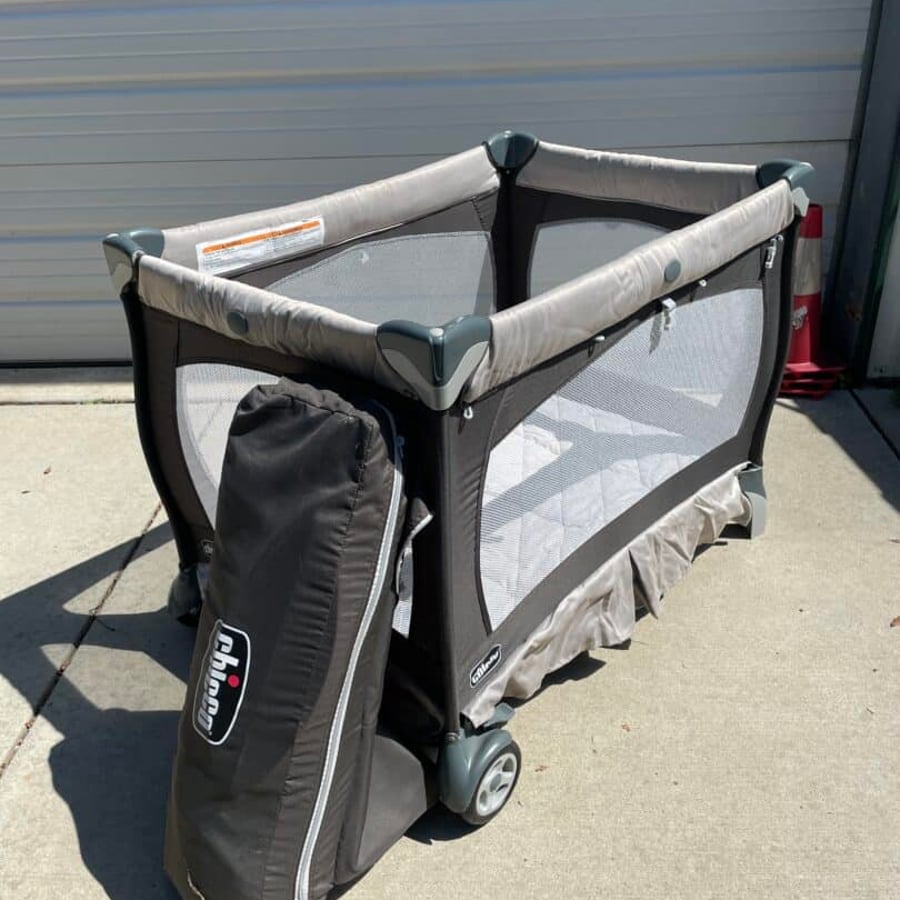 Lullaby® Portable Playard w/ Infant Attachements & Rolling Carry Bag, Overall Great Condition, but pad cover needs cleaning!