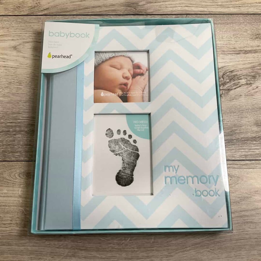 NEW - Pearhead Baby Memory Book, First 5 Years Baby Milestone Book, Pregnancy Journal, Gender Neutral Newborn Keepsake, With Clean-Touch Ink Pad For Baby's Handprint or Footprint, Blue Chevron