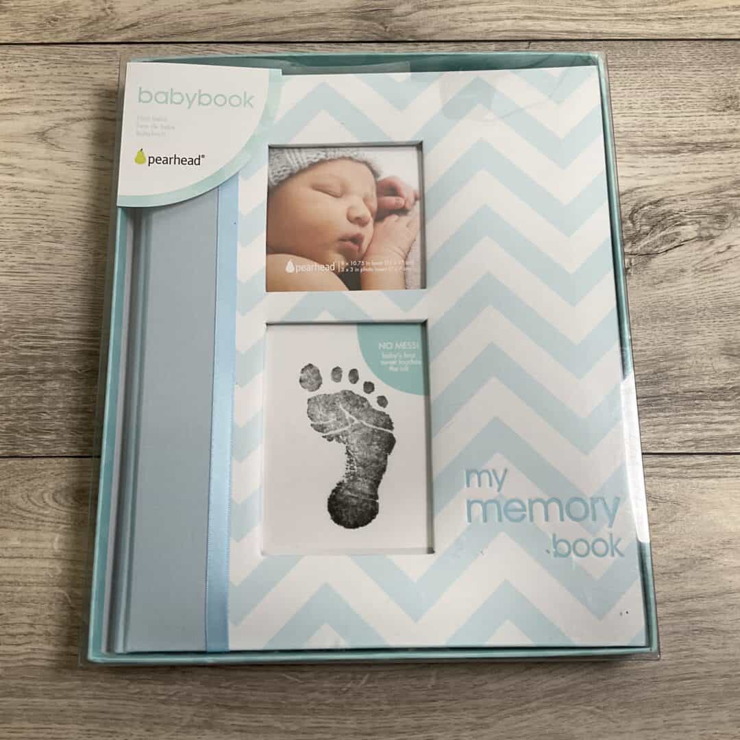 NEW - Pearhead Baby Memory Book, First 5 Years Baby Milestone Book, Pregnancy Journal, Gender Neutral Newborn Keepsake, With Clean-Touch Ink Pad For Baby's Handprint or Footprint, Blue Chevron